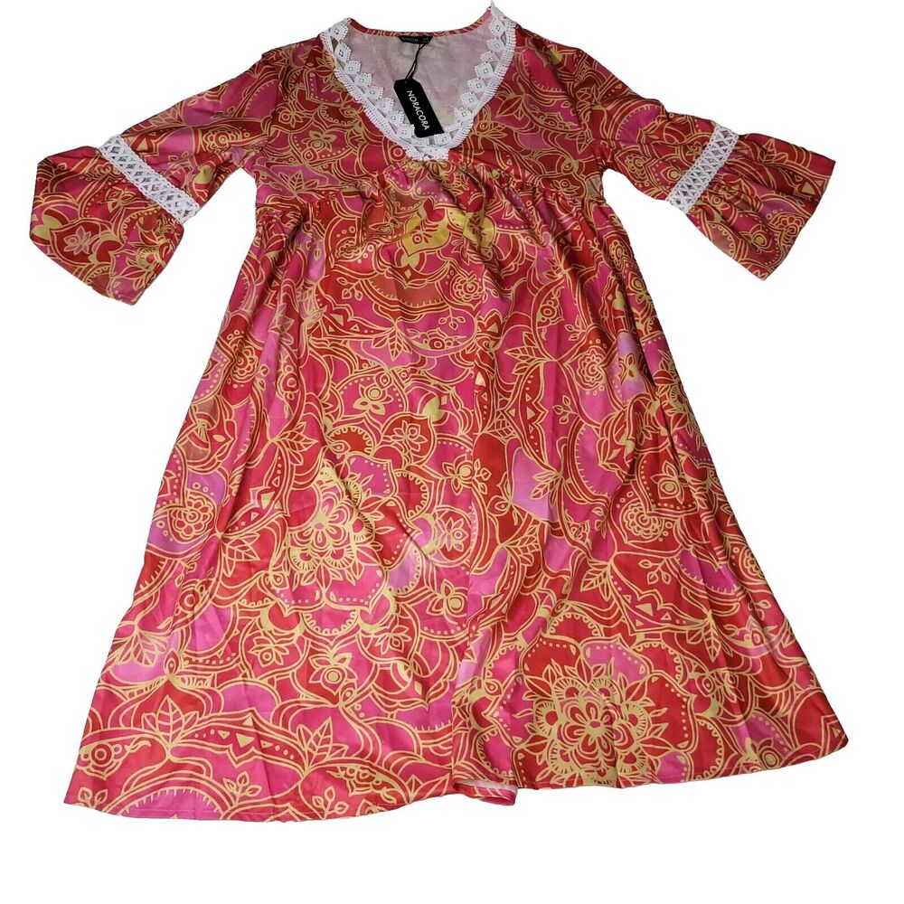 Noracora Dress Womans Sz S Geometric Flower Pink Red Cottagecore Shirt Boho